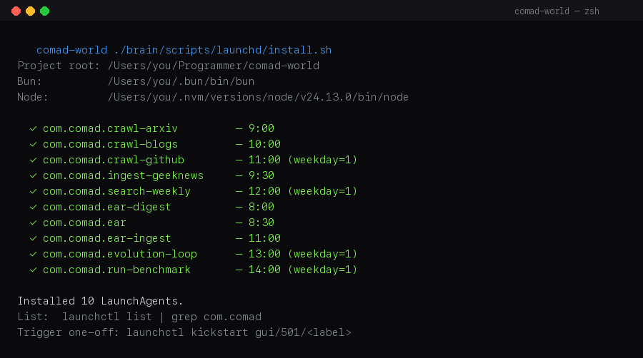scheduler install success — 10 LaunchAgents registered